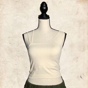 Cream Asymmetrical Ribbed Tank Top